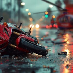 a bike has crashed on a wet road and the rescue helicopter has landed in the background