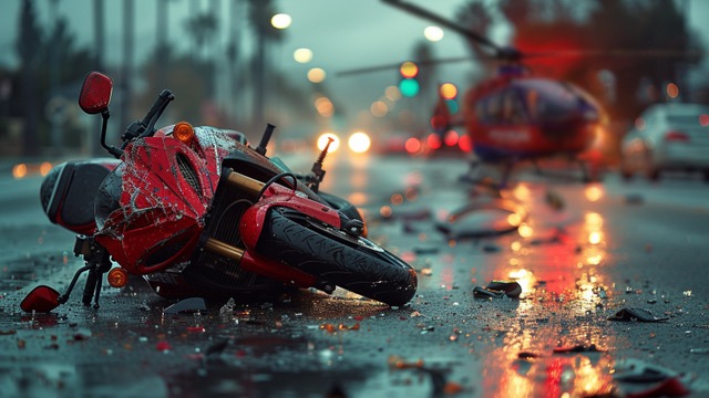 a bike has crashed on a wet road and the rescue helicopter has landed in the background